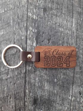 Keychain Woodgrain with leather GRAD 2024 Class of 2024 Customized Personalized