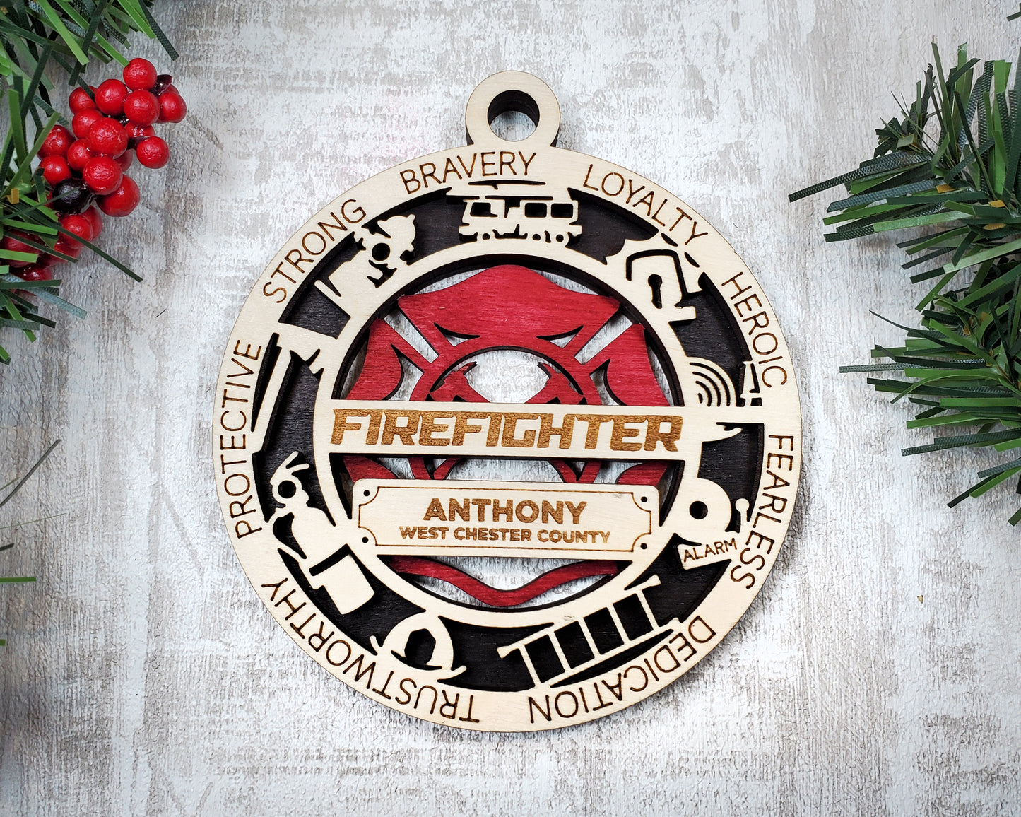 Firefighter Ornament wood Customized Personalized Laser Engraved Laser Cut