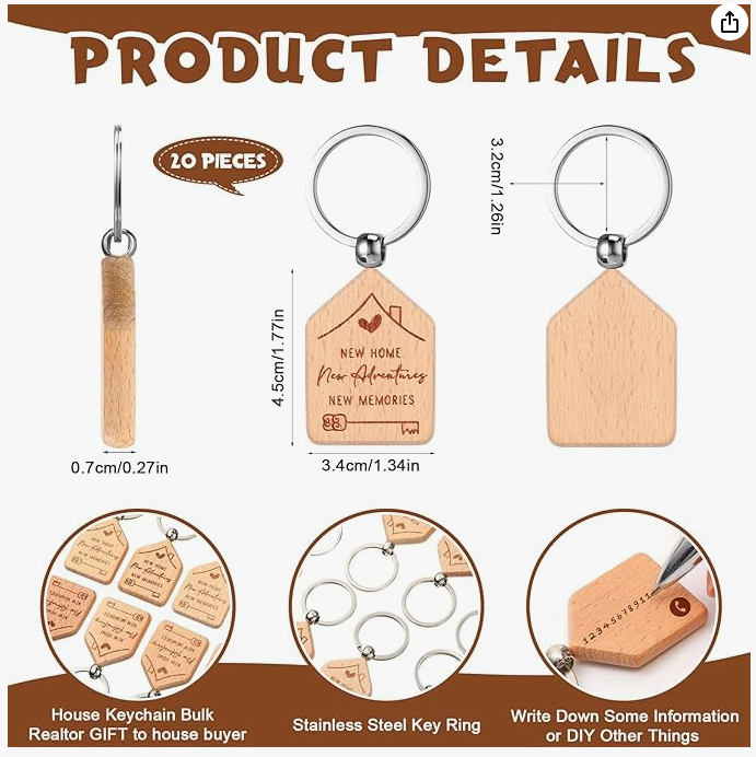 New Home Keychain-Welcome Home Keychain House Key Chain Customized Personalized Laser Engraved Wooden Key Tag Small House Shaped Keychains