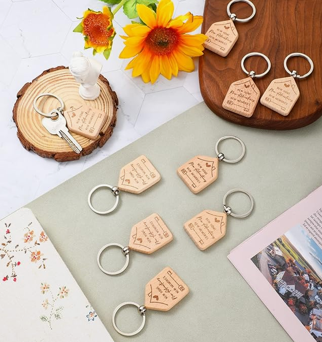 New Home Keychain-Welcome Home Keychain House Key Chain Customized Personalized Laser Engraved Wooden Key Tag Small House Shaped Keychains