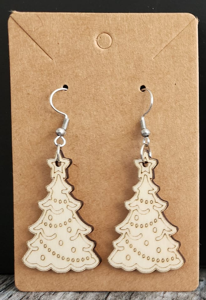 Christmas Tree Decorated w/ Star Scored Earrings dangle 1 pair Handcrafted Laser Cut.