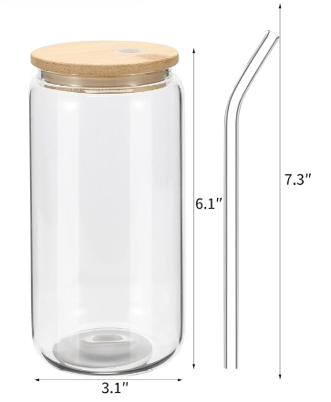Drinking Glass with Bamboo Lids and Glass Straws Beer Glass Cups Bulk, Glass Tumbler Reusable Cute Cups for Iced Coffee, Whiskey, Tea, Soda, Cocktail, Gift, Clear 16oz