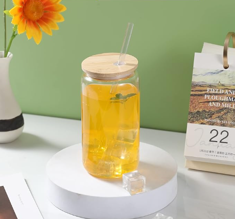 Drinking Glass with Bamboo Lids and Glass Straws Beer Glass Cups Bulk, Glass Tumbler Reusable Cute Cups for Iced Coffee, Whiskey, Tea, Soda, Cocktail, Gift, Clear 16oz