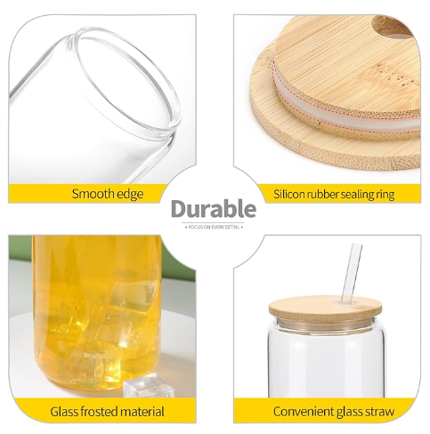 Drinking Glass with Bamboo Lids and Glass Straws Beer Glass Cups Bulk, Glass Tumbler Reusable Cute Cups for Iced Coffee, Whiskey, Tea, Soda, Cocktail, Gift, Clear 16oz