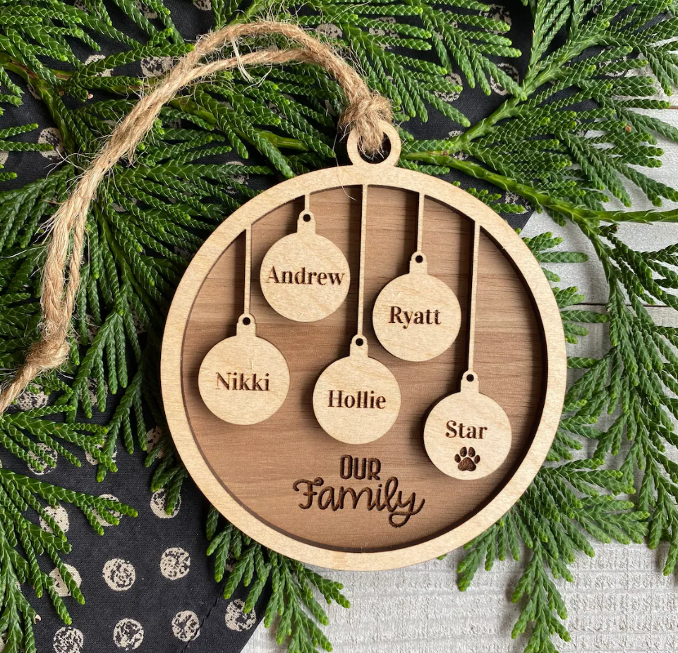 Family Names Christmas Ornament with Pets