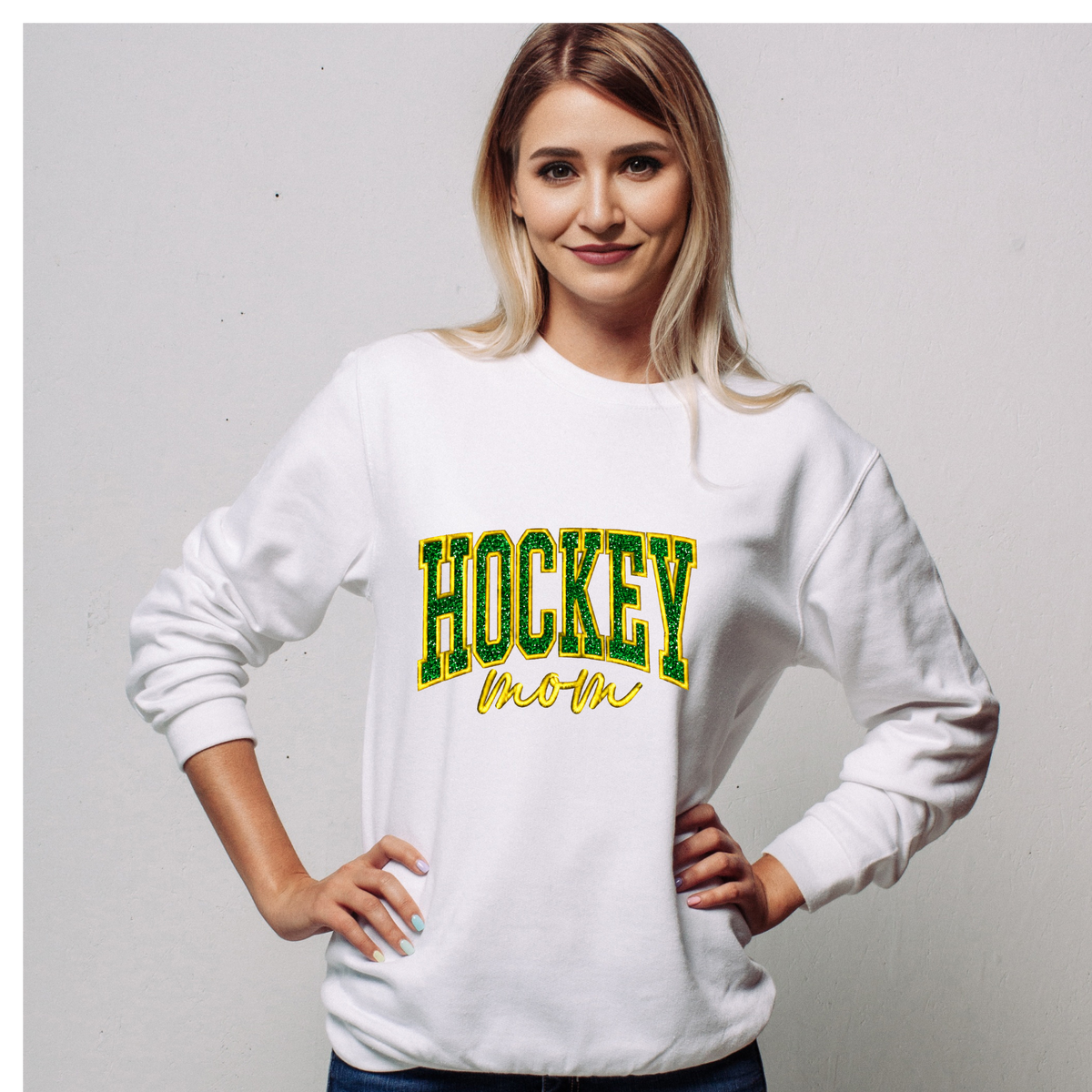 HOCKEY MOM Glitter Applique Crewneck Sweatshirt