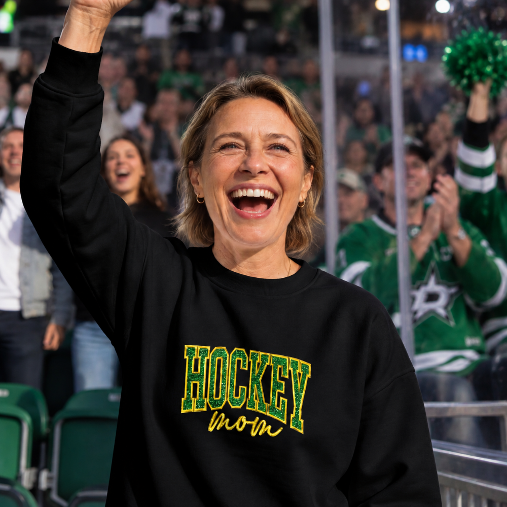 HOCKEY MOM Glitter Applique Crewneck Sweatshirt